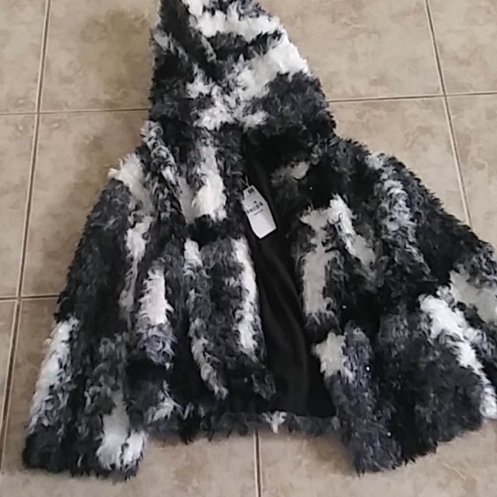 Brand New Faux Fur Black Grey White Jacket Large